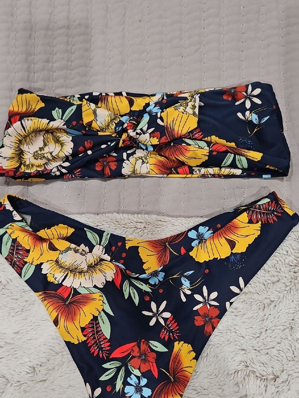 Zaful Navy Floral Twist Bandeau Bikini Set
